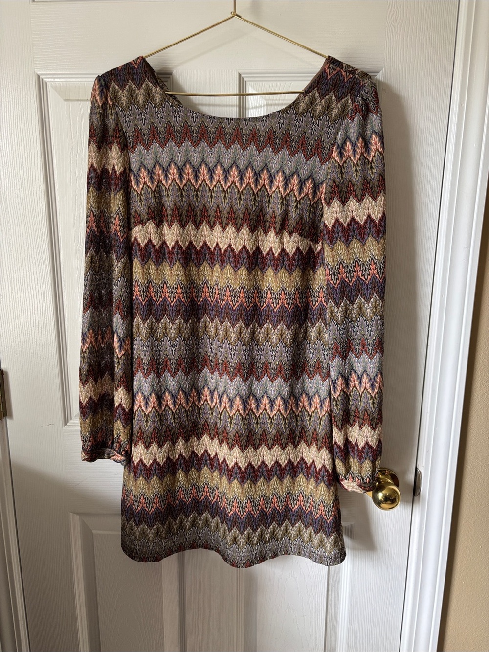 Chevron Zig Zag Long Sleeve Tunic Dress Women’s Fall Boho Stretch Size Large